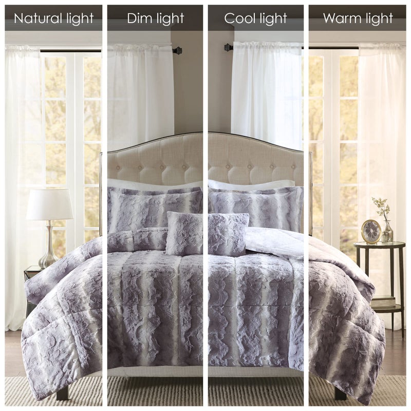 Madison Park Zuri Soft Plush Comforter Set, Faux Fur Animal Stripes Design, Faux Mink On The Reverse, Modern All Season Bedding Set with Matching Sham, King, Grey 4 Piece - Image 2